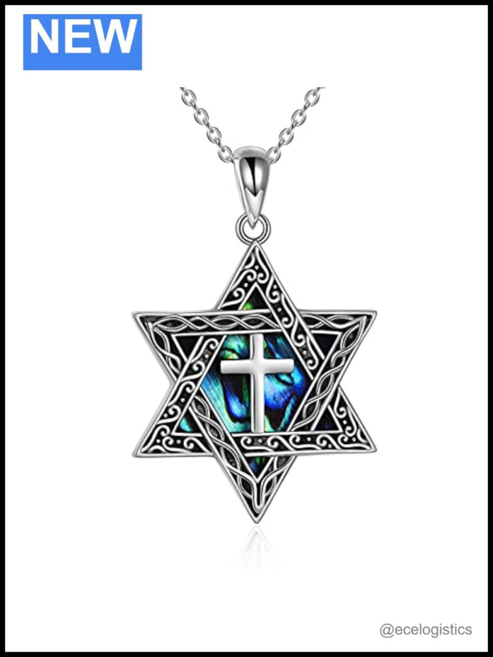 Sterling Silver Star of David Abalone Shell Necklace 18 Inch